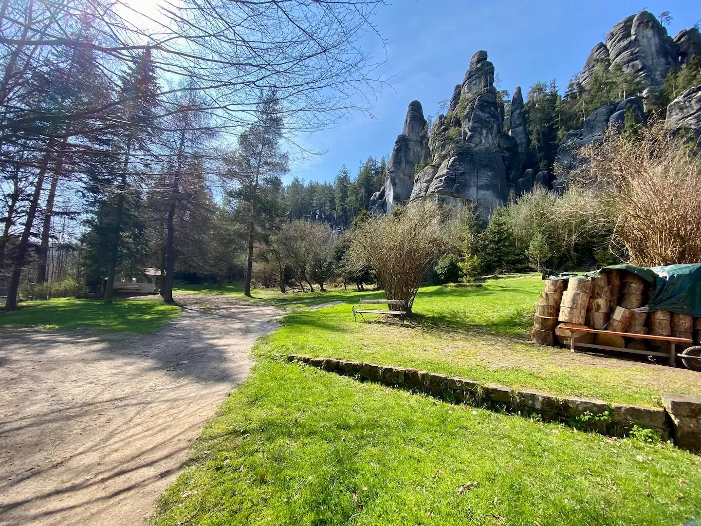 Courtyard with rocks in the background